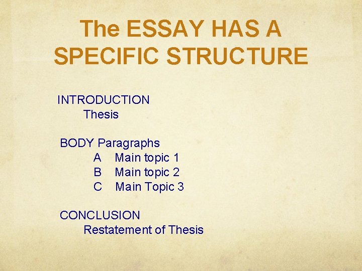 The ESSAY HAS A SPECIFIC STRUCTURE INTRODUCTION Thesis BODY Paragraphs A Main topic 1