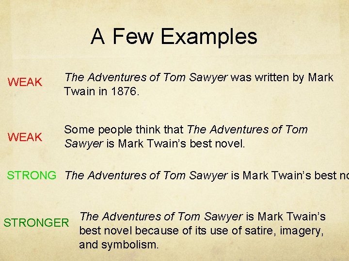 A Few Examples WEAK The Adventures of Tom Sawyer was written by Mark Twain