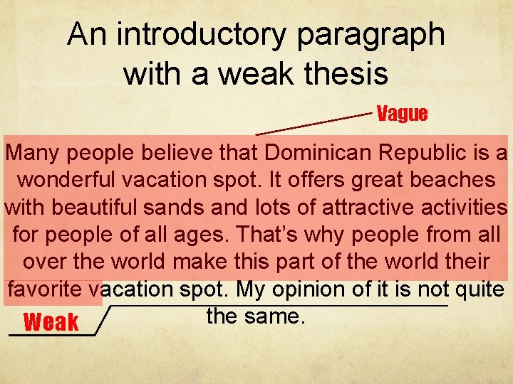 An introductory paragraph with a weak thesis Vague Many people believe that Dominican Republic