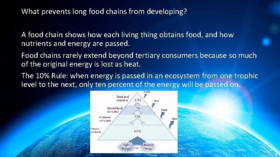 What prevents long food chains from developing? A food chain shows how each living