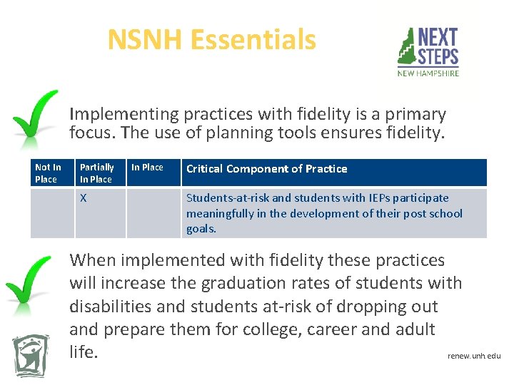 NSNH Essentials Implementing practices with fidelity is a primary focus. The use of planning