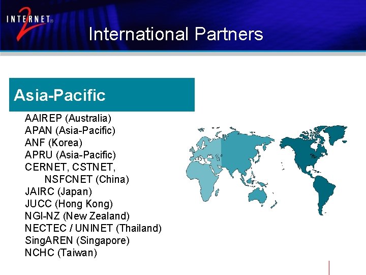 International Partners Asia-Pacific AAIREP (Australia) APAN (Asia-Pacific) ANF (Korea) APRU (Asia-Pacific) CERNET, CSTNET, NSFCNET