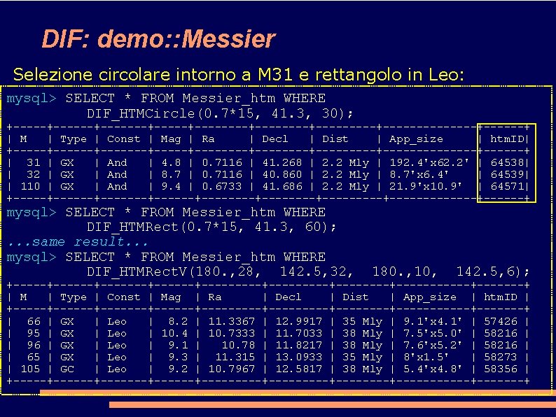 DIF: demo: : Messier Selezione circolare intorno a M 31 e rettangolo in Leo: