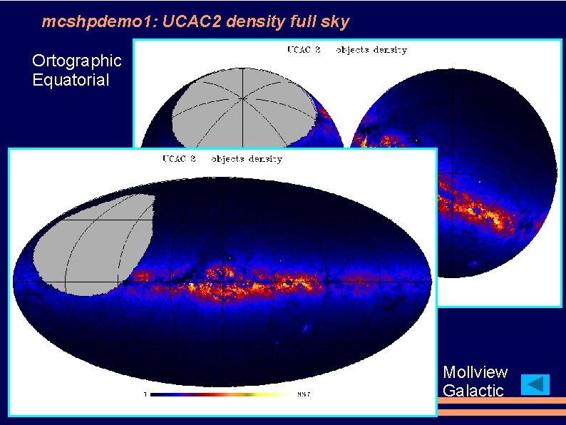 mcshpdemo 1: UCAC 2 density full sky Ortographic Equatorial Mollview Galactic 