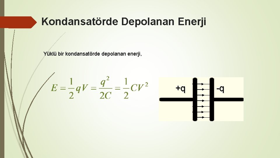 Kondansatörde Depolanan Enerji Yüklü bir kondansatörde depolanan enerji, +q -q 