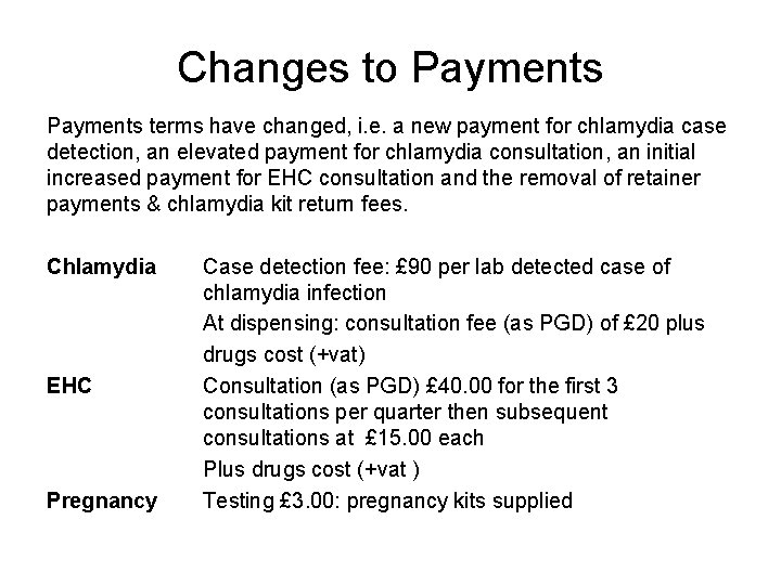 Changes to Payments terms have changed, i. e. a new payment for chlamydia case