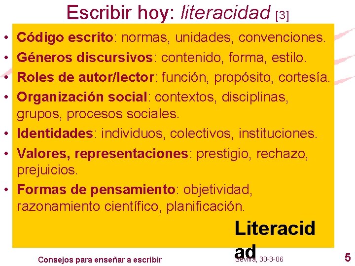 Escribir hoy: literacidad [3] • • Código escrito: normas, unidades, convenciones. Géneros discursivos: contenido,