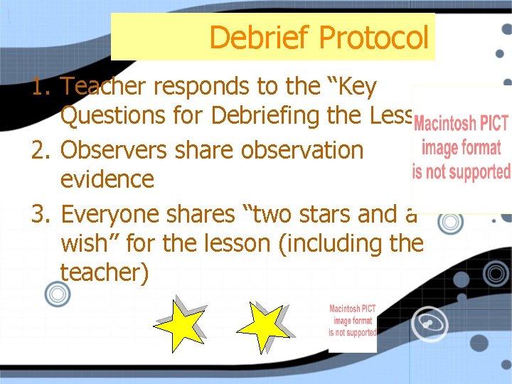 Debrief Protocol 1. Teacher responds to the “Key Questions for Debriefing the Lesson” 2.