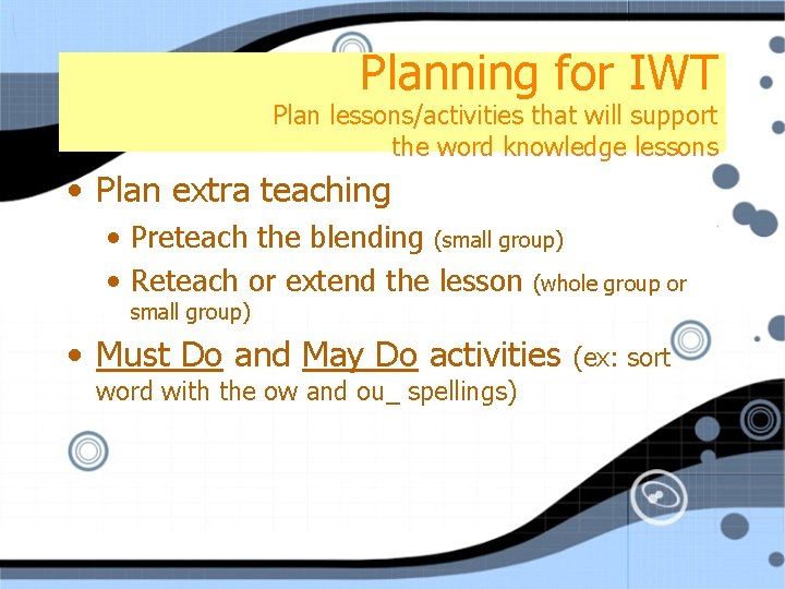 Planning for IWT Plan lessons/activities that will support the word knowledge lessons • Plan