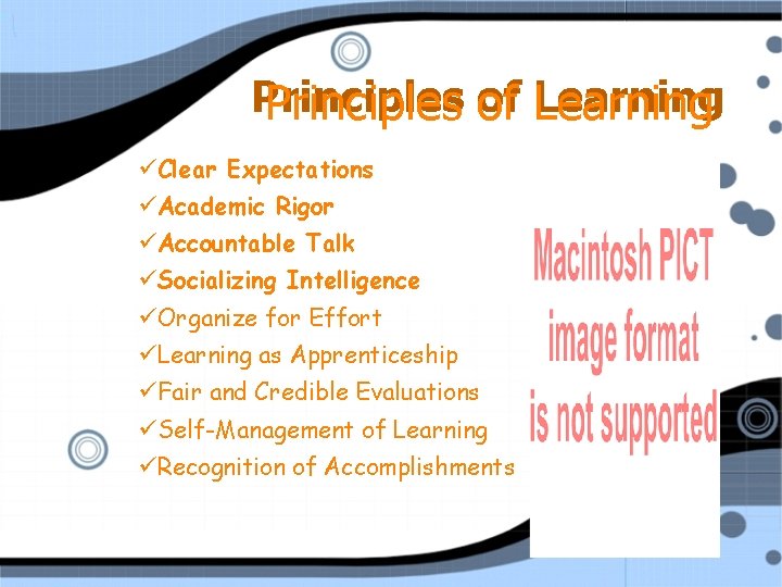 Principles of Learning Clear Expectations Academic Rigor Accountable Talk Socializing Intelligence Organize for Effort