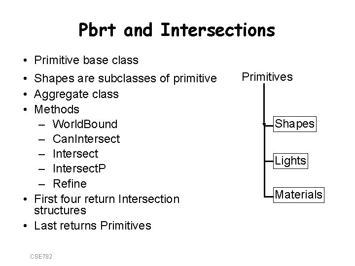 Pbrt and Intersections • Primitive base class • Shapes are subclasses of primitive •