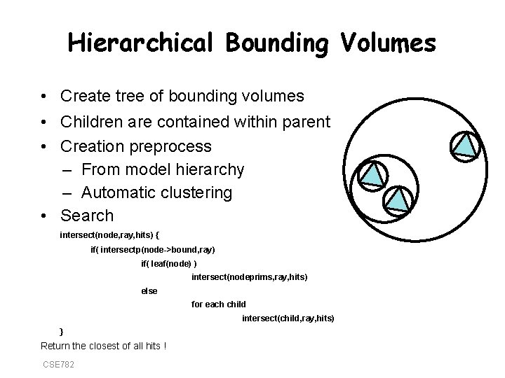 Hierarchical Bounding Volumes • Create tree of bounding volumes • Children are contained within