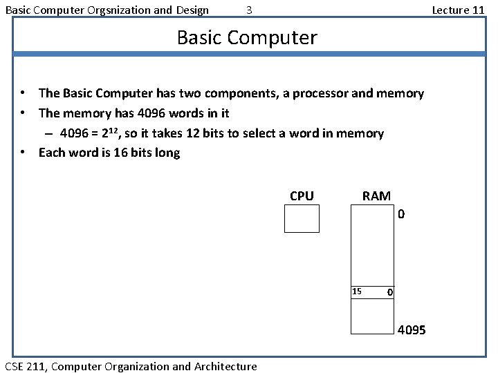 Basic Computer Orgsnization and Design 3 Lecture 11 Basic Computer • The Basic Computer
