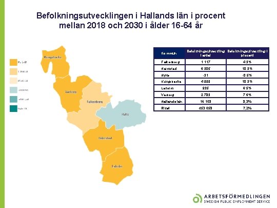 Befolkningsutvecklingen i Hallands län i procent mellan 2018 och 2030 i ålder 16 -64
