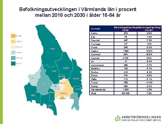 Befolkningsutvecklingen i Värmlands län i procent mellan 2018 och 2030 i ålder 16 -64