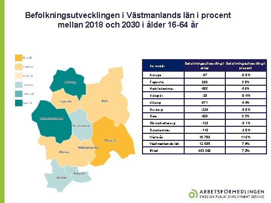 Befolkningsutvecklingen i Västmanlands län i procent mellan 2018 och 2030 i ålder 16 -64