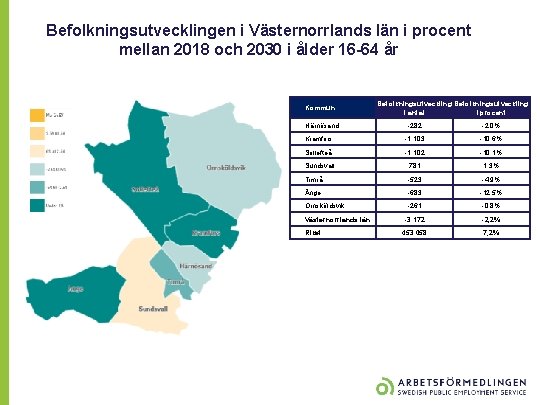 Befolkningsutvecklingen i Västernorrlands län i procent mellan 2018 och 2030 i ålder 16 -64
