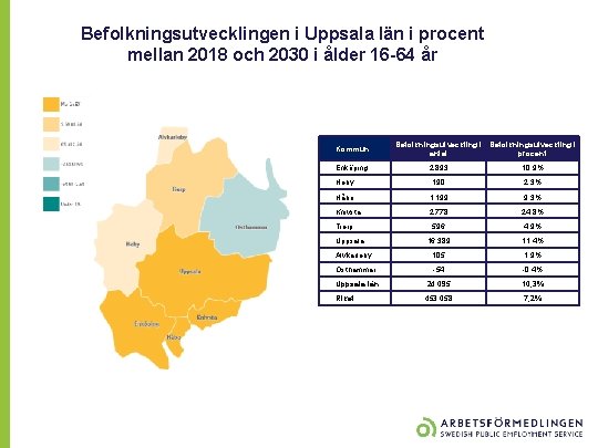 Befolkningsutvecklingen i Uppsala län i procent mellan 2018 och 2030 i ålder 16 -64