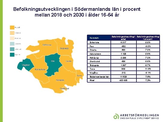 Befolkningsutvecklingen i Södermanlands län i procent mellan 2018 och 2030 i ålder 16 -64