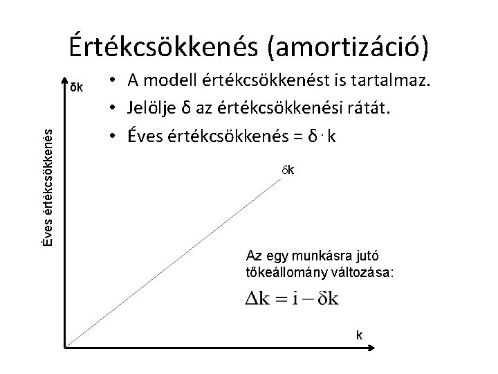 Értékcsökkenés (amortizáció) Éves értékcsökkenés δk • A modell értékcsökkenést is tartalmaz. • Jelölje δ