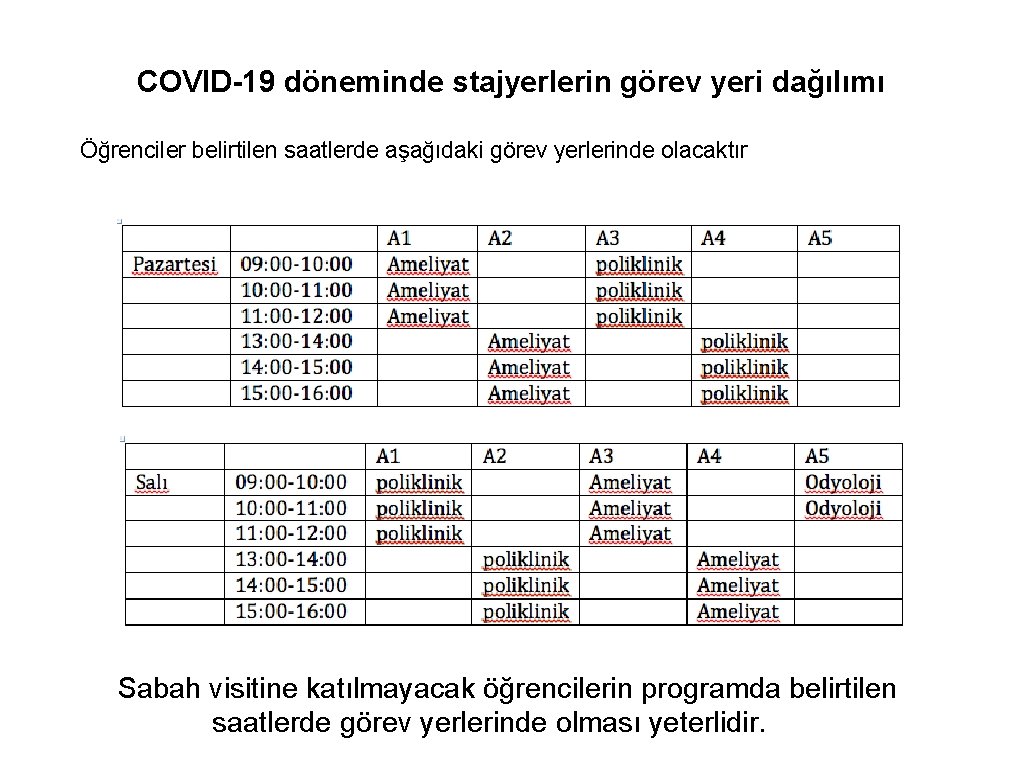 COVID-19 döneminde stajyerlerin görev yeri dağılımı Öğrenciler belirtilen saatlerde aşağıdaki görev yerlerinde olacaktır Sabah