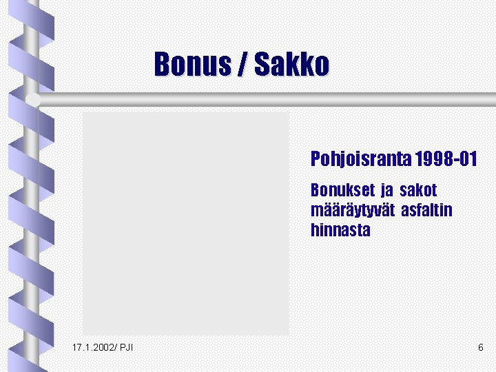 Bonus / Sakko Pohjoisranta 1998 -01 Bonukset ja sakot määräytyvät asfaltin hinnasta 17. 1. Bonus / Sakko Pohjoisranta 1998 -01 Bonukset ja sakot määräytyvät asfaltin hinnasta 17. 1.