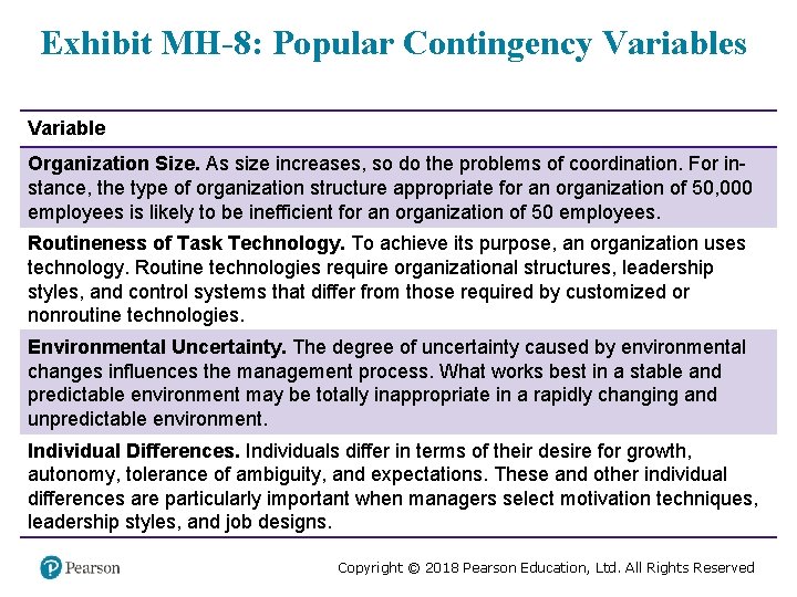 Exhibit MH-8: Popular Contingency Variables Variable Organization Size. As size increases, so do the