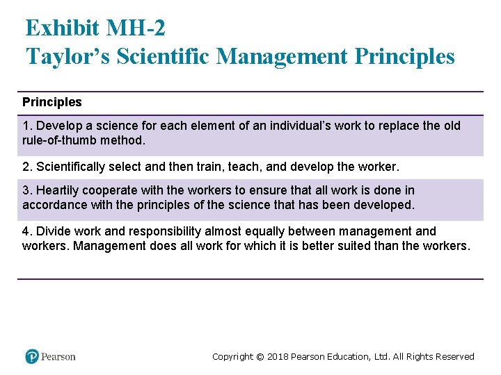 Exhibit MH-2 Taylor’s Scientific Management Principles 1. Develop a science for each element of