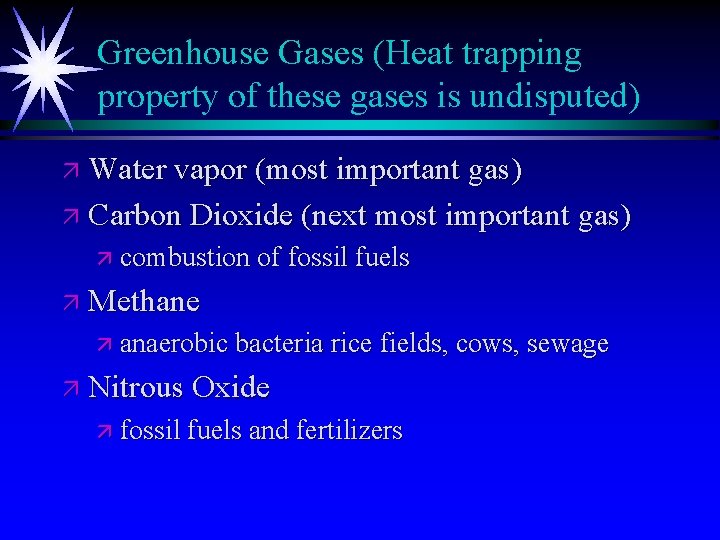 Greenhouse Gases (Heat trapping property of these gases is undisputed) ä Water vapor (most