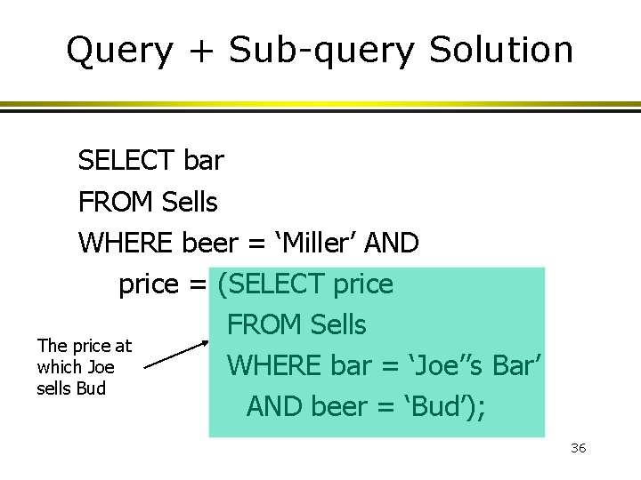 Query + Sub-query Solution SELECT bar FROM Sells WHERE beer = ‘Miller’ AND price Query + Sub-query Solution SELECT bar FROM Sells WHERE beer = ‘Miller’ AND price