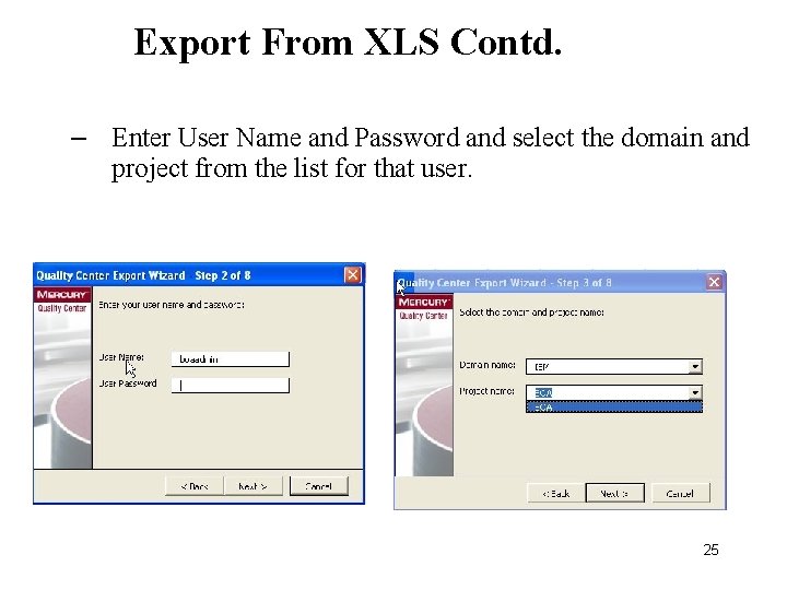Export From XLS Contd. – Enter User Name and Password and select the domain