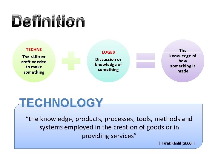 Definition TECHNE The skills or craft needed to make something LOGES Discussion or knowledge