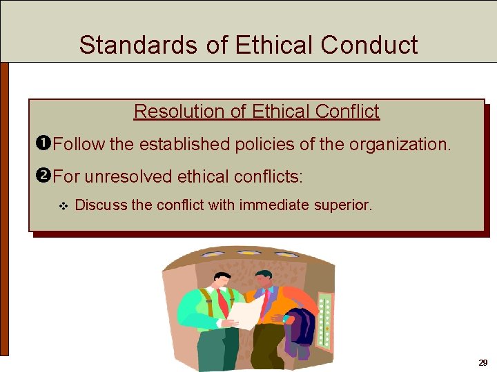 Standards of Ethical Conduct Resolution of Ethical Conflict Follow the established policies of the