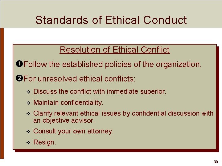 Standards of Ethical Conduct Resolution of Ethical Conflict Follow the established policies of the
