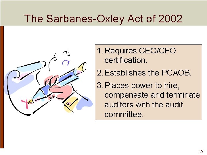 The Sarbanes-Oxley Act of 2002 1. Requires CEO/CFO certification. 2. Establishes the PCAOB. 3.