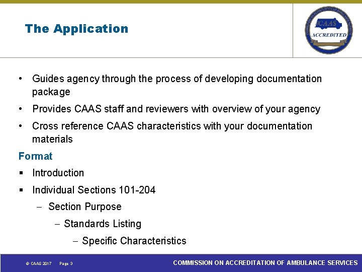 The Application • Guides agency through the process of developing documentation package • Provides