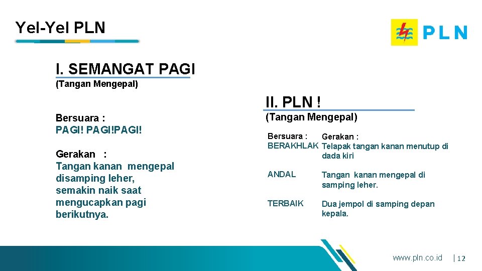 Yel-Yel PLN I. SEMANGAT PAGI (Tangan Mengepal) II. PLN ! Bersuara : PAGI!PAGI! Gerakan