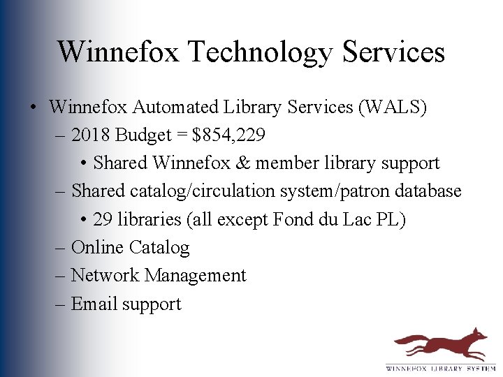 Winnefox Technology Services • Winnefox Automated Library Services (WALS) – 2018 Budget = $854,