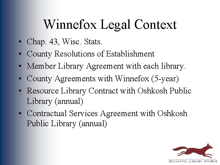 Winnefox Legal Context • • • Chap. 43, Wisc. Stats. County Resolutions of Establishment