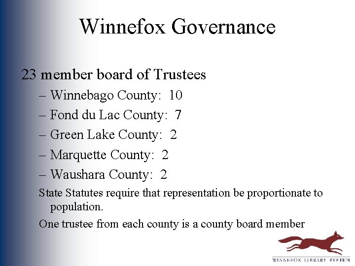 Winnefox Governance 23 member board of Trustees – Winnebago County: 10 – Fond du