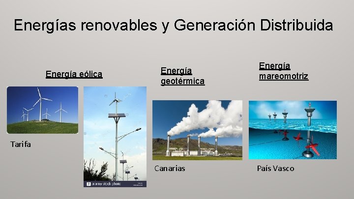 Energías renovables y Generación Distribuida Energía eólica Energía geotérmica Energía mareomotriz Tarifa Canarias País
