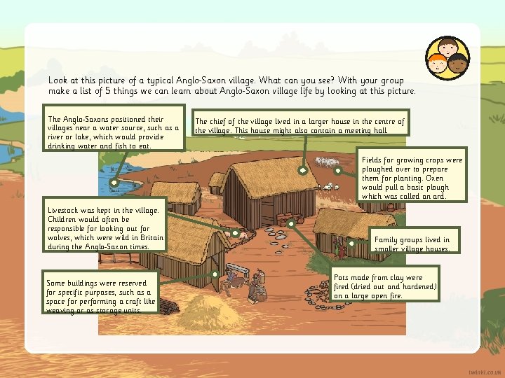 Look at this picture of a typical Anglo Saxon village. What can you see?