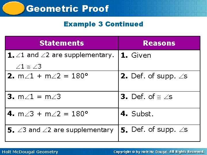 Geometric Proof Example 3 Continued Statements Reasons 1. 1 and 2 are supplementary. 1.