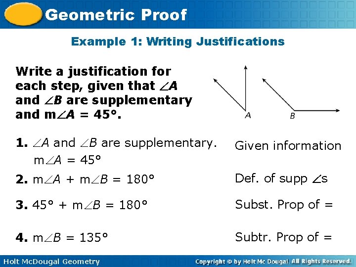 Geometric Proof Example 1: Writing Justifications Write a justification for each step, given that