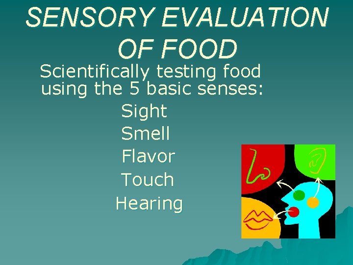 SENSORY EVALUATION OF FOOD Scientifically testing food using the 5 basic senses: Sight Smell