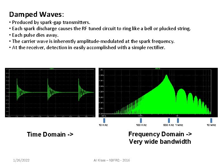 Damped Waves: • Produced by spark-gap transmitters. • Each spark discharge causes the RF