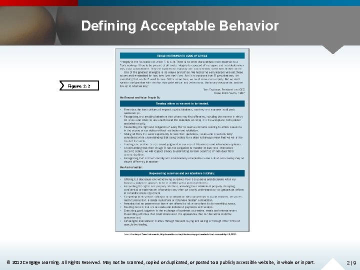 Defining Acceptable Behavior Figure 2. 2 © 2012 Cengage Learning. All Rights Reserved. May