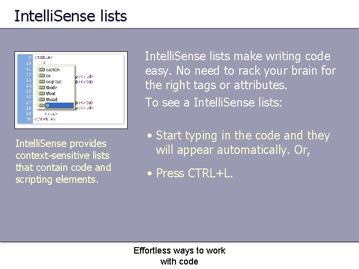 Intelli. Sense lists make writing code easy. No need to rack your brain for