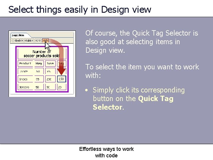 Select things easily in Design view Of course, the Quick Tag Selector is also