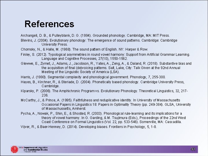 References Archangeli, D. B. , & Pulleyblank, D. G. (1994). Grounded phonology. Cambridge, MA: